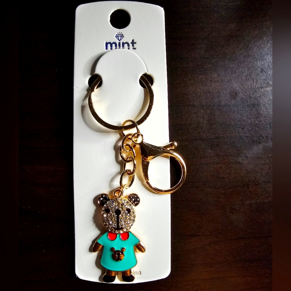 Mint Bear Keychain with Gold Accents